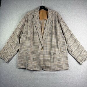J Jill Jacket Blazer Women 2X Plaid Tan Navy Stretch Preppy Career Relaxed